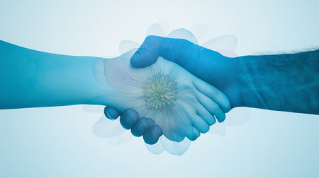 Conceptual image of handshake against blue background with vignetteの素材