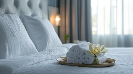 Luxury hotel room with white towels and flower on the bedの素材