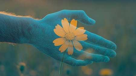 Hand holding a yellow flower in the middle of a field of flowersの素材