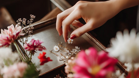 Close up of female hands holding gold jewelry box with flowers in itの素材