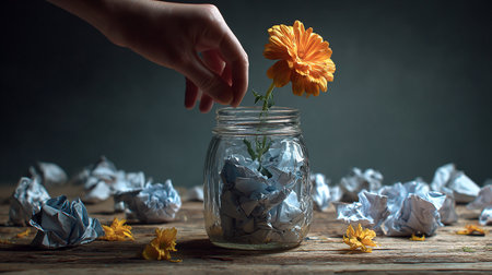 Hand holding a flower in a glass jar with crumpled paperの素材