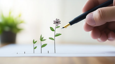 Hand drawing a growing plant with a stylus pen on a white paperの素材