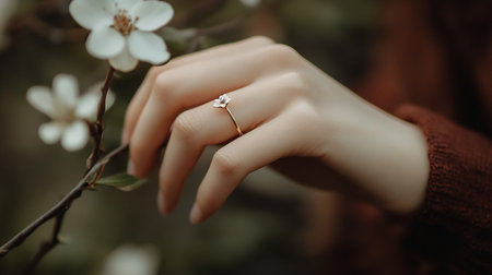 Beautiful woman's hand with a ring on the background of a blossoming treeの素材
