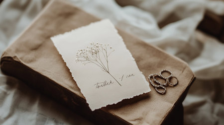 wedding rings and wedding invitation on the bed. Vintage styleの素材