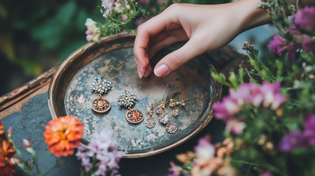 Hand of a girl holding a gold earrings on a metal tray with flowersの素材