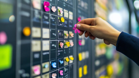 Close up of female hand pressing button on virtual panel with colorful buttonsの素材