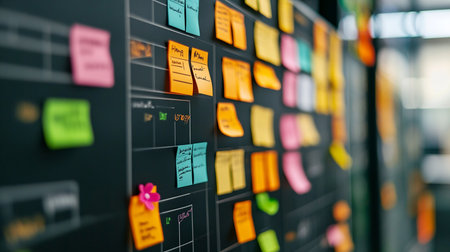 Blurred background with colorful sticky notes on the wall in office.の素材