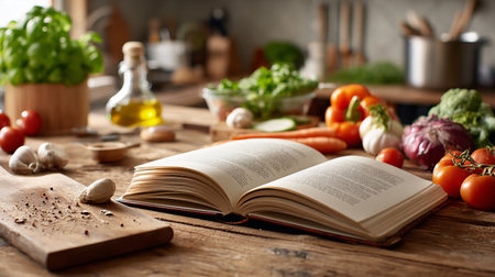 Open recipe book and fresh vegetables on wooden table in the kitchen.の素材