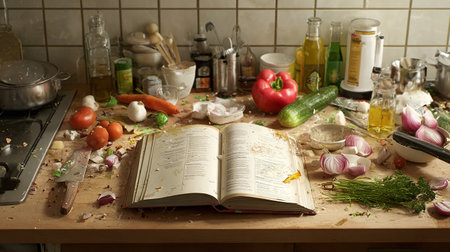 Cooking book on the kitchen table with vegetables and spices in the backgroundの素材