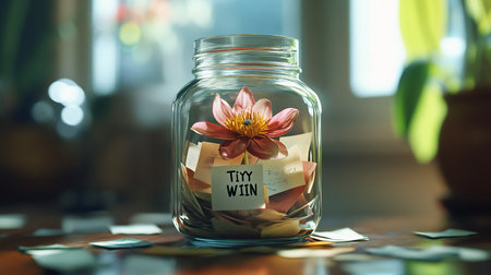save money for investment concept - close up of a beautiful flower in a glass jar with tag on itの素材