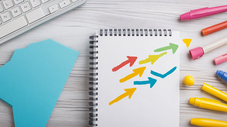 Business workplace with notepad and stationary. Top view with copy spaceの素材