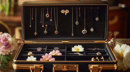 Luxury gold jewelry with gems and precious stones in a boxの素材