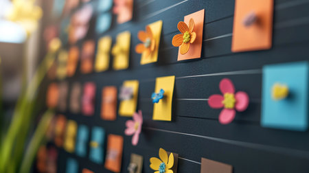 Blank sticky notes attached to wall with paper flowers and ribbonsの素材