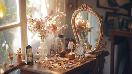 Vintage interior of the living room with mirror and flowers on the tableの素材