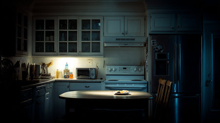 Kitchen interior at night with table, chairs, oven and lampの素材