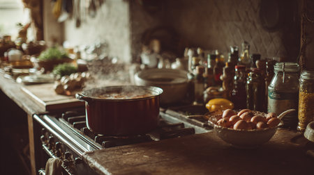 Cooking in a rustic kitchen, vintage style, selective focusの素材