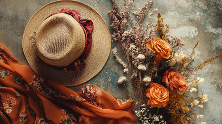Flat lay composition with stylish straw hat and flowers on grunge backgroundの素材