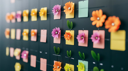 Colorful sticky notes with flowers on the wall. 3d renderingの素材