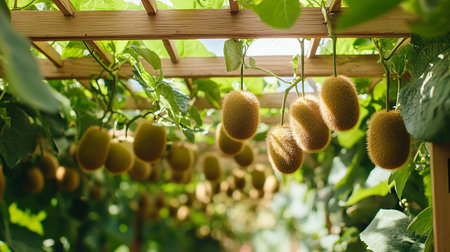 Kiwi fruit growing in a greenhouse. Fresh kiwi fruit hanging on a branch.の素材