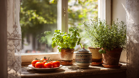 Tomatoes and herbs in ceramic pots on the windowsill, still lifeの素材
