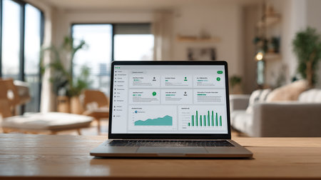 Laptop with financial report on screen at table in modern living roomの素材