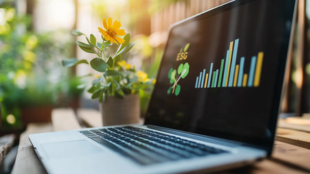 Laptop computer with business graph on screen and flower pot on table.の素材