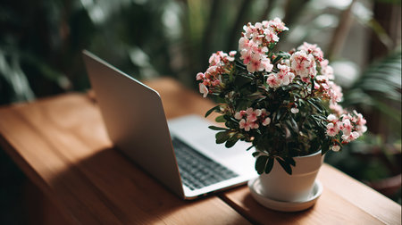 laptop with pink flowers on wooden table in cafe, stock photoの素材