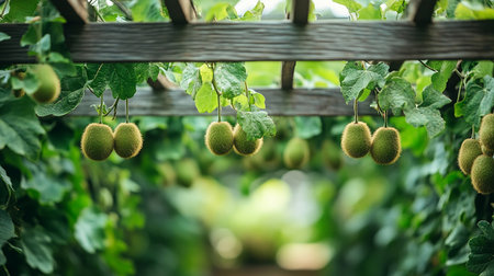 Organic kiwi fruit growing in a greenhouse, stock photoの素材
