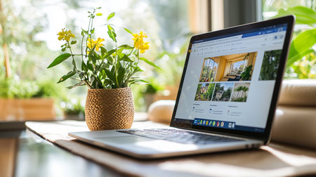 Laptop computer on the table with flowers in a vase.の素材