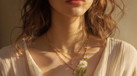 Beautiful woman with a chamomile necklace on her neckの素材