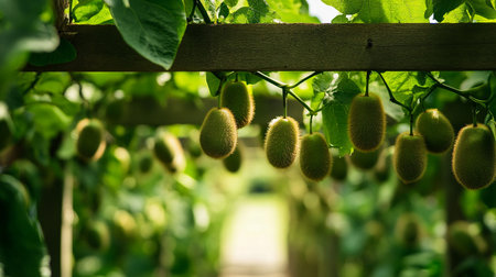 Kiwi fruit hanging on the vine in the garden, stock photoの素材