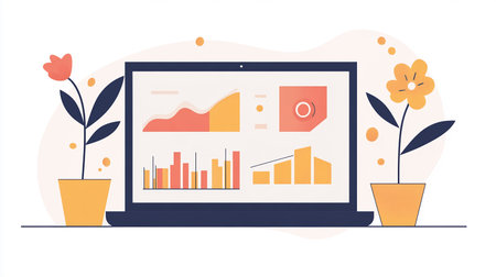 Laptop with graphs and charts on screen. Vector illustration in flat styleの素材