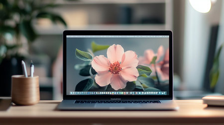 Closeup of a laptop with a pink flower on the screen.の素材