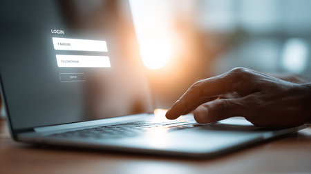 Hands of man using laptop computer with login and password screen. Internet and technology concept.の素材