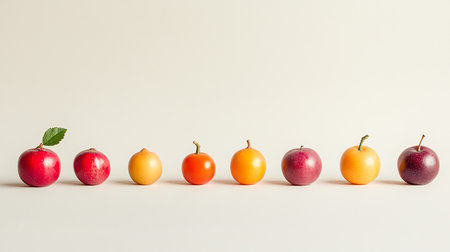 Group of colorful plums in row on white background with copy spaceの素材