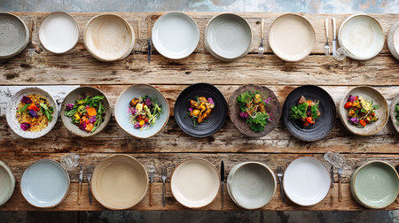 Ceramic plates and bowls on a wooden table in a restaurantの素材