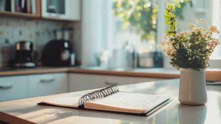 Notebook and vase of flowers on the table in the kitchenの素材