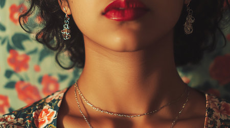 Close up portrait of a beautiful young woman with red lips, wearing a necklace and earrings.の素材
