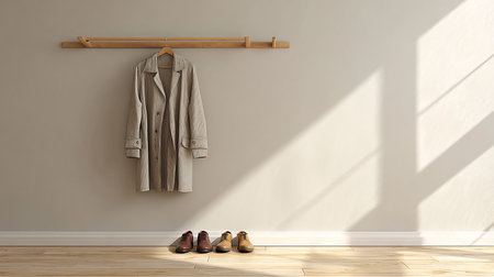 Men's clothing hanging on a hanger in a room. 3d renderingの素材
