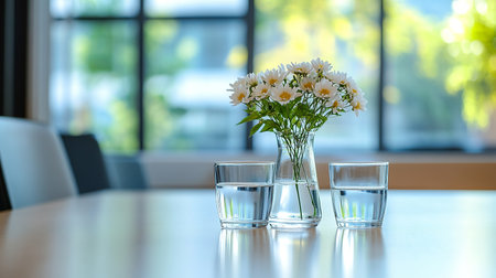 Vase with chrysanthemum flowers on table in cafeの素材