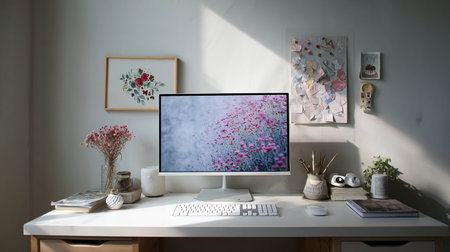 Modern home office desk with computer, supplies, coffee cup and flowers.の素材