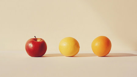 Red apple and orange on a beige background. Minimal style.の素材