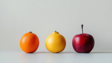 Orange, lemon, apple and grapefruit on a white background.の素材