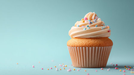 Delicious cupcake with sprinkles on color background, closeupの素材
