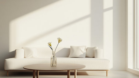 Minimalist living room interior with sofa, coffee table and flowers. 3d renderの素材