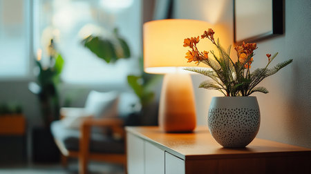 Flowers in vase on table in living room. Interior designの素材
