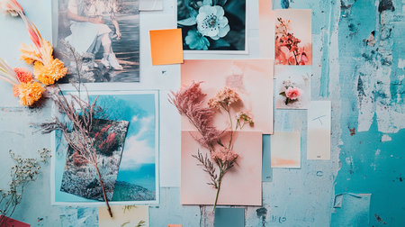 Flowers on a wooden background. Photo collage. Top view.の素材