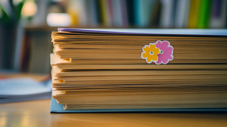 A stack of books on the table. Back to school concept.の素材