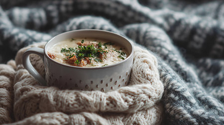 Creamy soup with mushrooms and sour cream in a white mug on a gray knitted plaid.の素材