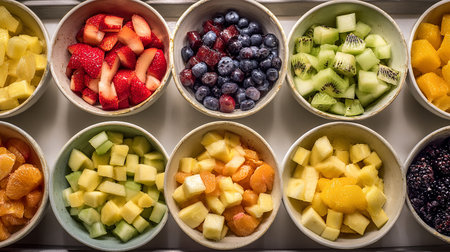 Fruit salad in a bowl, top view, close-upの素材